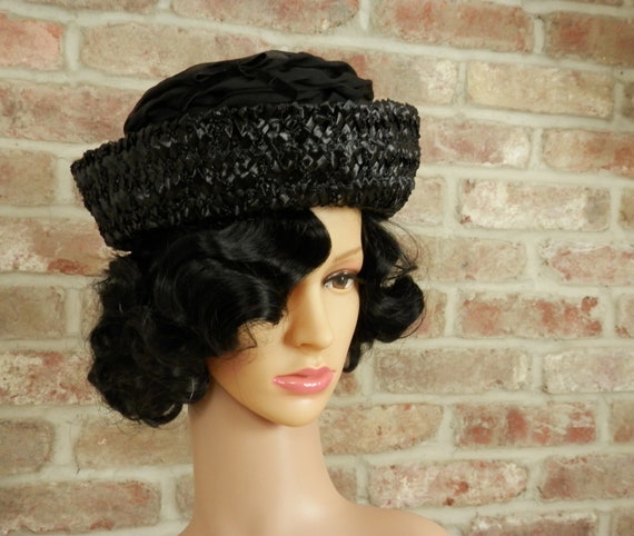 Vintage 60's Black Faux Raffia Straw Boater Hat w… - image 2