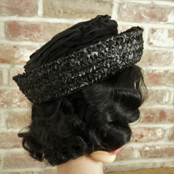 Vintage 60's Black Faux Raffia Straw Boater Hat w… - image 4