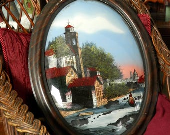Antique Reverse Painting on Convex Glass: Venice Scene in Tiger Wood Look Frame