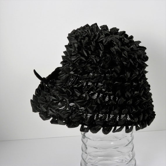 Black Raffia Bucket Hat with Black Velvet Bow, Vi… - image 2