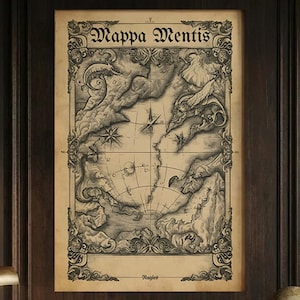 May include: Framed vintage map print titled "Mappa Mentis" in a dark wooden frame. The map features intricate illustrations of mythical creatures, clouds, and a compass rose. The map is printed on aged paper, giving it a classic, antique appearance.