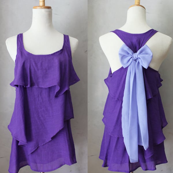 VIOLET AURA - Romantic purple flowy tier blouse // pastel lavender // chiffon sash bow // tunic // tank top // racerback