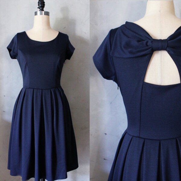 FINAL SALE / Holly Golightly Navy blue dress pockets // pleated skirt // back cut out // bridesmaid  // vintage inspired // day // party
