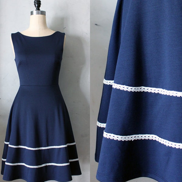 COQUETTE in NAVY - Navy blue dress with pockets // flared circle skirt // ivory crochet // bridesmaid dress // vintage inspired