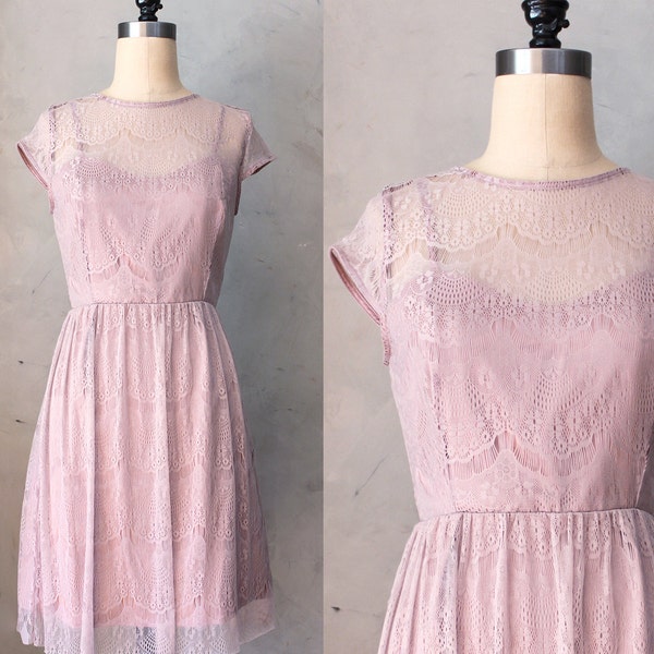 FINAL SALE / Pirouette Pink - Ballet blush lace overlay dress / cap sleeves / sweetheart / illusion neckline / bridesmaid / cocktail