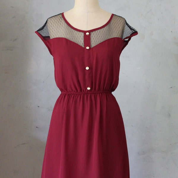 PETIT DEJEUNER PORT - Vintage inspired dark red chiffon dress // day // burgundy // party // bridesmaid // valentines // holiday // lace