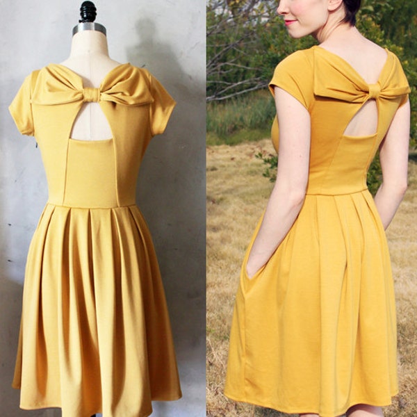 FINAL SALE / Holly Golightly Mustard Yellow dress pockets // pleated skirt // back cut out / bridesmaid // vintage inspired // party // day