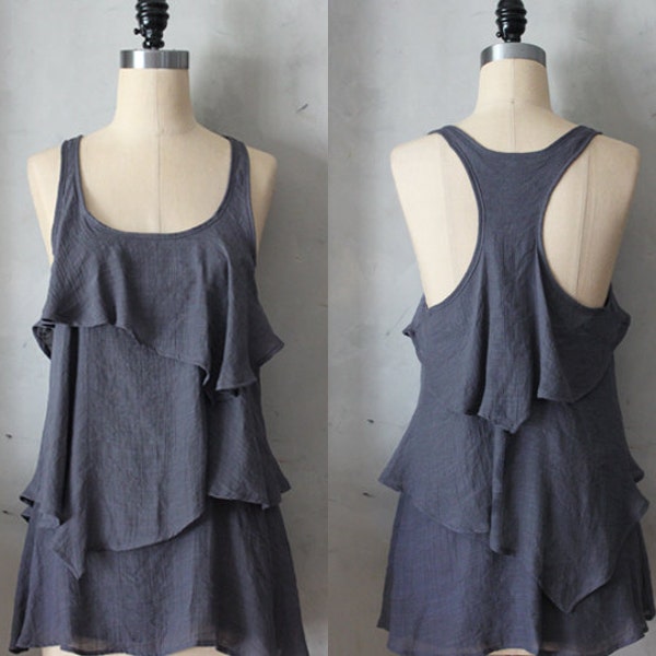 RAIN - Romantic gray flowy tier blouse // tunic // tank top // racerback // charcoal grey // sleeveless