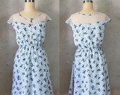 50% OFF SALE - Petit Dejeuner Sky blue floral print dress with white lace illusion neckline // retro // vintage inspired // bridesmaid dress