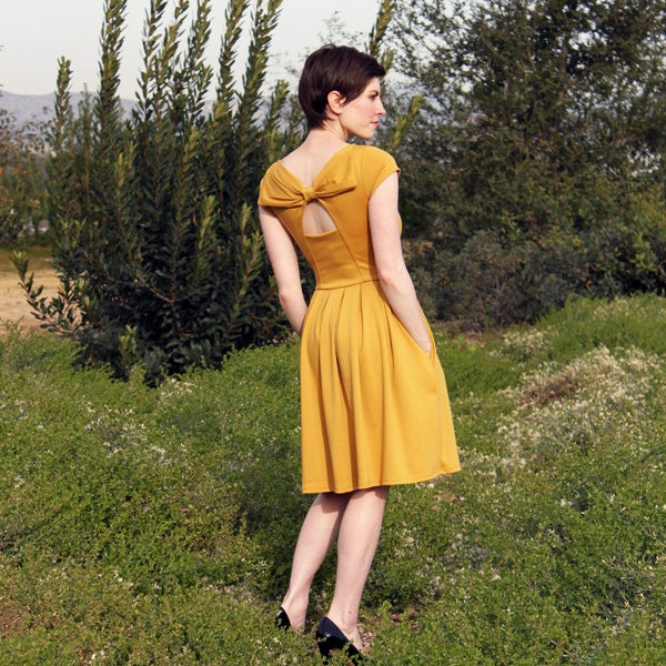 FINAL SALE / Holly Golightly Mustard yellow dress pockets // pleated skirt // back cut out & bow // bridesmaid dress // vintage inspired