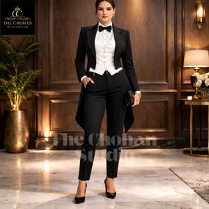 May include: A formal black tuxedo with a white vest and a black bow tie. The tuxedo jacket has a tailcoat design. The outfit is completed with black dress pants and black high heels. The text "The Chohan Studio" is visible.