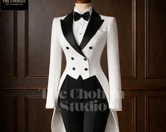 Women’s White Regency Tailcoat | Victorian Tuxedo Jacket | Double Breasted Formal Tailcoat | Custom Handmade