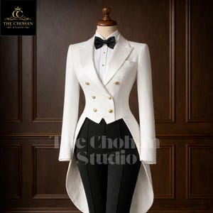 May include: A formal white double-breasted tuxedo jacket with gold buttons, paired with black trousers and a black bow tie. The jacket has a long, tailored silhouette. The Chohan Studio logo is visible in the image.