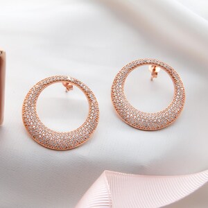 Rose Gold Oval Hoop Earrings in 925 Sterling Silver with Pave CZ Charm