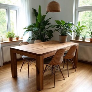 Puede incluir: Una mesa de comedor rectangular de madera con cuatro sillas de mimbre. La mesa es de madera marrón claro y tiene patas gruesas. Las sillas tienen respaldo y asiento de mimbre. Una lámpara colgante de mimbre cuelga sobre la mesa. Hay plantas en macetas en el fondo.
