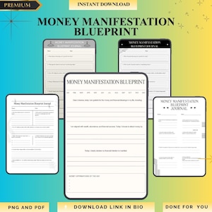 Puede incluir: Un producto de descarga digital que presenta un "Money Manifestation Blueprint" con páginas de diario. La imagen muestra varias maquetas digitales del plano en tabletas y teléfonos, con el texto "Money Manifestation Blueprint Journal". El fondo es un degradado de azul y amarillo.
