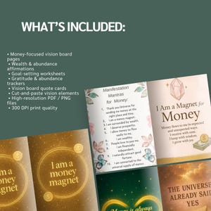 May include: A digital download featuring a money-focused vision board, affirmations, worksheets, and quote cards. The design includes the text "I Am a Magnet for Money" and "Money is always coming to me". Includes high-resolution PDF and PNG files.