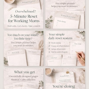 May include: A set of pages from a "Working Mom Journal" with text including "Overwhelmed? 5-Minute Reset for Working Moms" and "Brain Dump." The pages are white with a minimalist design, alongside a coffee cup and a pen.