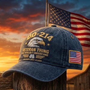 May include: A blue denim baseball cap with the text "DD-214" and "Veteran Thing You Wouldn't Understand" in gold embroidery. Features an eagle graphic and an American flag patch. An American flag waves in the background.