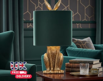 Antique Gold Hare Table Lamp | Emerald Velvet Shade, Eclectic Lighting