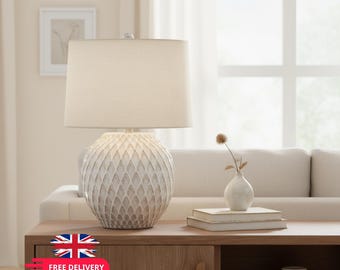 Cream Lattice Ceramic Table Lamp, 58cm Tall Bedside Light, Neutral Linen Shade, UK free Delivery