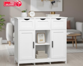 Modern White Storage Cabinet: 3-Drawer Slim Sideboard with Adjustable Shelves