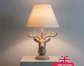 Stonewashed Stag Head Table Lamp | Linen Shade, Rustic Decor