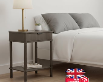 Luxury Grey Side Table | Textured Reed Bedside Table | Modern Wood Nightstand | UK Free Delivery