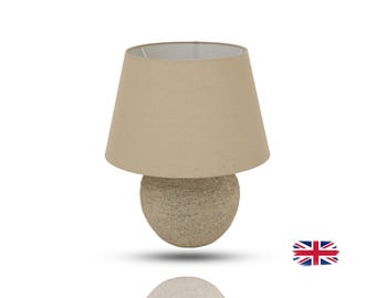 Rustic Ceramic Bedside Lamp with Linen Shade, Beige Table lamp, Bedroom Desk Light, Neutral Cozy Lighting, Home Decor Gift