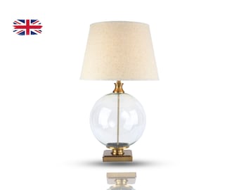 Glass Orb Table Lamp, Brass, Linen Shade, Modern Elegant Home Lighting