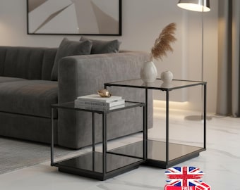 Black Metal Nesting Side Tables | Mirrored Glass, Industrial Set of 2