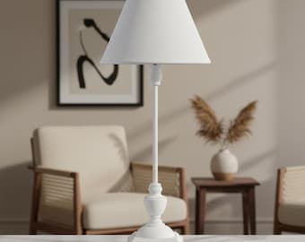 White Wood Table Lamp, Shabby Chic Bedside Light, Slim Spindle Wooden Lamp, Linen Shade