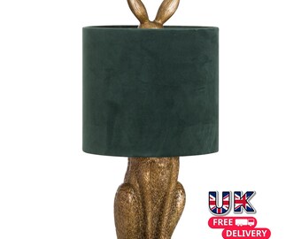Antique Gold Hare Table Lamp | Emerald Velvet Shade, Eclectic Lighting