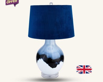 Blue Ceramic Table Lamp with Velvet Shade, Glass Bedside Lamp, Modern Desk Light for Bedroom Nightstand Living Room Decor