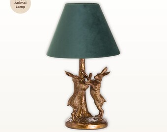 Antique Gold Marching Hare Lamp, Green Velvet Shade, Cottagecore Nature Lighting