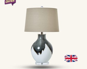 Grey Shadows Table Lamp Linen Shade Bedside Light, Ombre Glass Desk Lamp, Tall Neutral Lighting for Bedroom Nightstand Living Room Decor