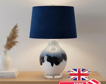 Hand-Dipped Glaze Table Lamp | Navy Velvet Shade, 68cm