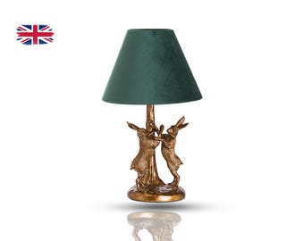 Antique Gold Marching Hare Lamp, Green Velvet Shade, Cottagecore Nature Lighting
