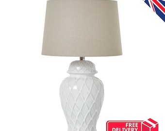 White Ginger Jar Lamp, Textured Diamond Ceramic Table Lamp, Large 64cm Bedside Light UK
