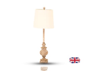 Resin Table Lamp Linen Shade Bedside Light, Wood Effect Desk Lamp, Tall Candlestick Style Lighting for Bedroom Nightstand Decor