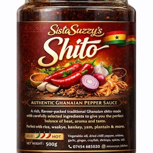 Può includere: Un barattolo di Shito di Sista Suzzy, un'autentica salsa al peperoncino ghanese. L'etichetta presenta peperoni rossi, cipolle e aglio. Il barattolo ha un coperchio dorato e contiene 500g di salsa.