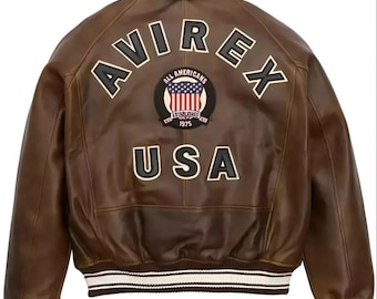 Blouson universitaire en cuir marron AVIREX USA - Bomber rétro streetwear All Americans 1975