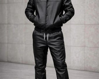 Men’s Black Leather Tracksuit Jacket and Jogger Set Urban Streetwear Outfit Gift for Him