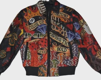 Men’s Casino Print Bomber Jacket Fortune Favors the Bold Streetwear Style