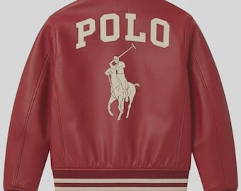 Blouson universitaire en cuir rouge pour homme - Bomber streetwear avec polo brodé, cadeau tendance pour lui