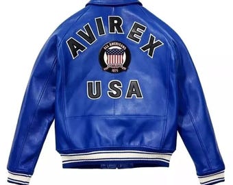 Avirex - Blouson aviateur en cuir bleu pour homme, patch USA, manteau streetwear All Americans Varsity Flight
