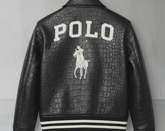 Veste en cuir véritable style polo Cuir de vachette gaufré crocodile noir Baseball brodé Streetwear