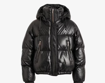 Blouson matelassé en cuir noir à capuche pour homme