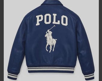 Veste de baseball universitaire en cuir véritable style polo en cuir, manteau streetwear aviateur vintage brodé de chevaux