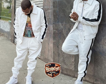 Survêtement en cuir blanc pour homme, veste à rayures noires et pantalon de jogging Urban Streetwear Outfit